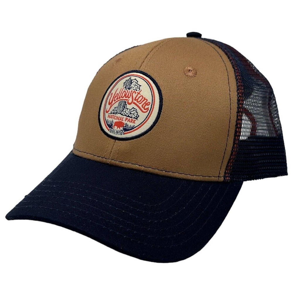 Yellowstone National Park Men's Patch Logo Trucker Hat Cap in Brown/Navy